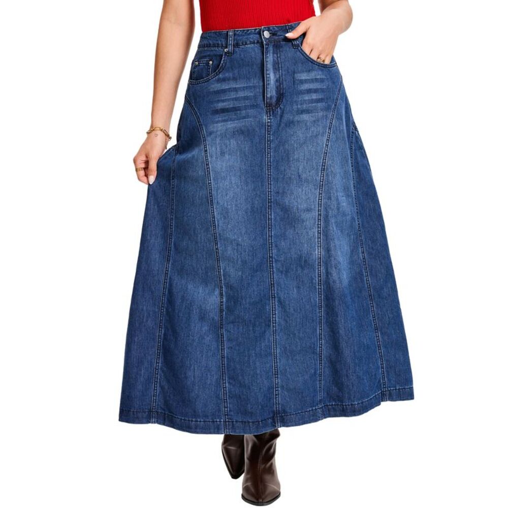 Women's Casual Denim Maxi Skirt A Line Swing Long Jean Skirts Dark Blue
